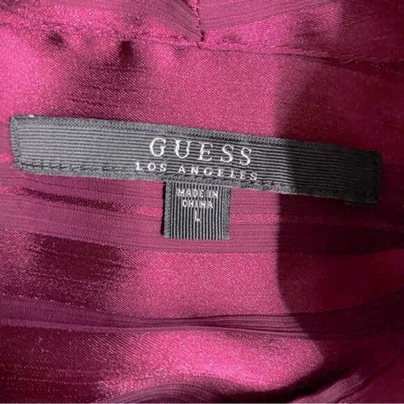 Guess Burgundy Satiny Semi Sheer Striped Faux Wrap Blouse W Neck Tie L - Picture 3 of 16